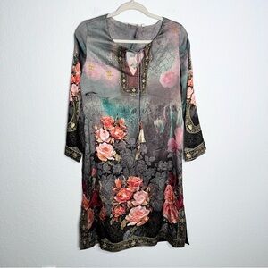 Soft Surroundings Dress Women’s Small Satin Floral Beaded Sequin Tassel Boho Y